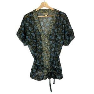 Converse One Star Gray Floral Sheer Y2K Short Sleeve Blouse M